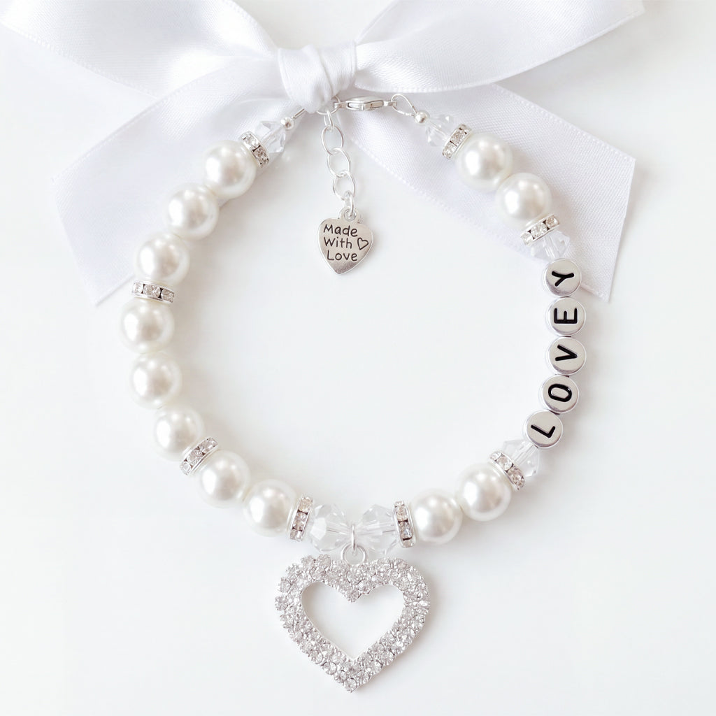 Rhinestone Heart Wedding White Pearl Pet Necklace