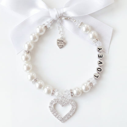 Rhinestone Heart Wedding White Pearl Pet Necklace