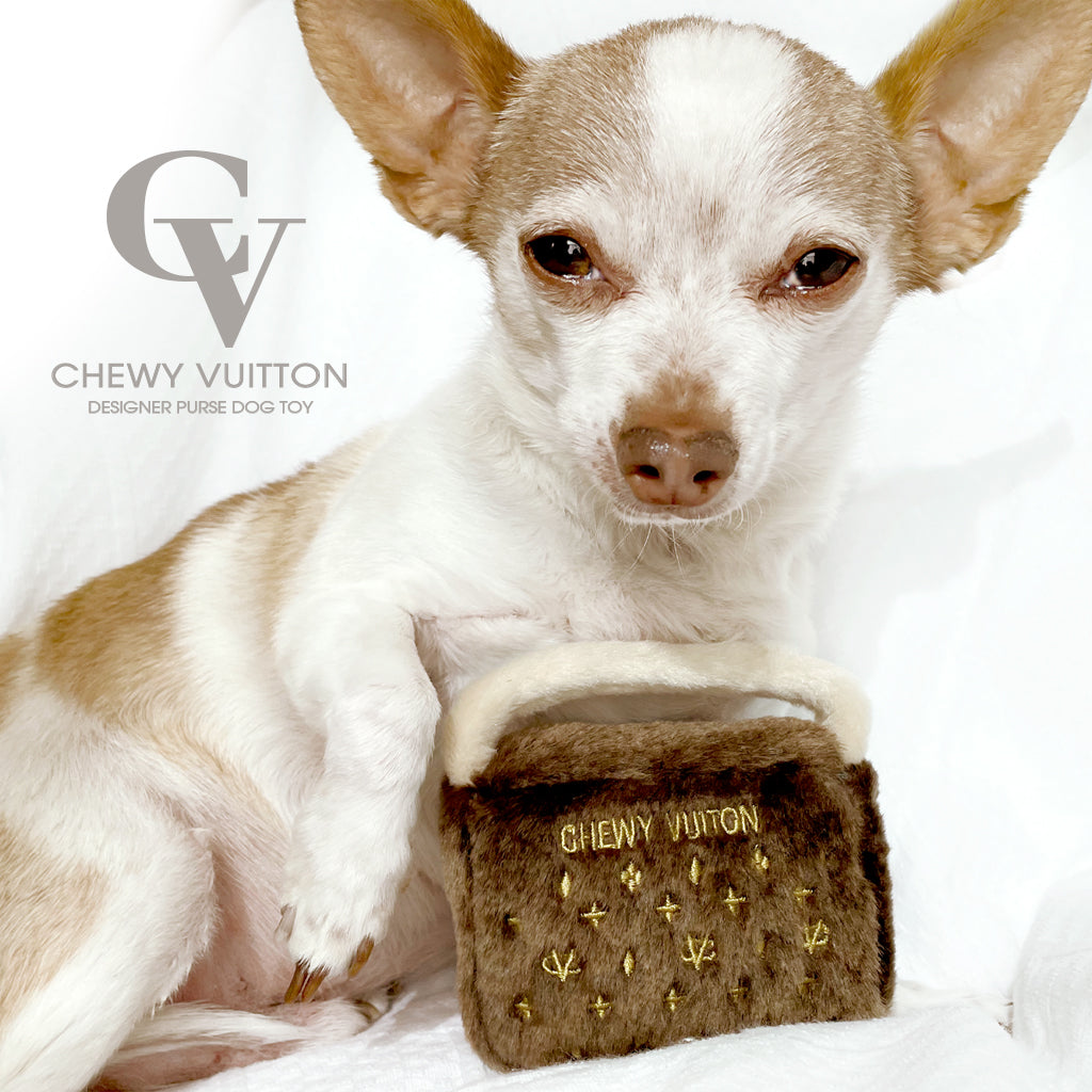 Chewy Vuitton Red Trim Designer Purse Dog Toy – FrankandBeanz