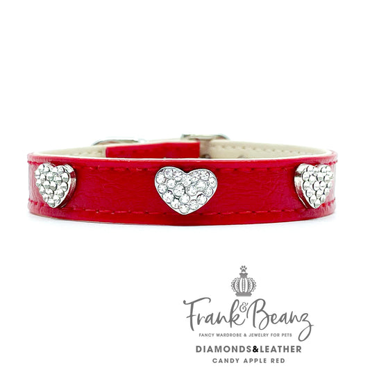 Diamond Hearts Cherry Red Faux Leather Dog Collar for Small Medium Dogs