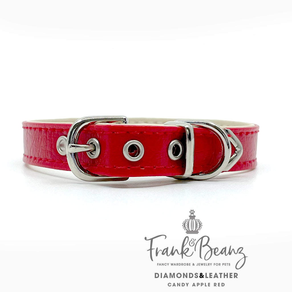 Diamond Hearts Cherry Red Faux Leather Dog Collar for Small Medium Dogs