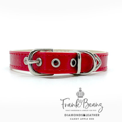 Diamond Hearts Cherry Red Faux Leather Dog Collar for Small Medium Dogs
