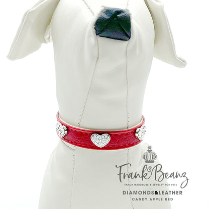 Diamond Hearts Cherry Red Faux Leather Dog Collar for Small Medium Dogs