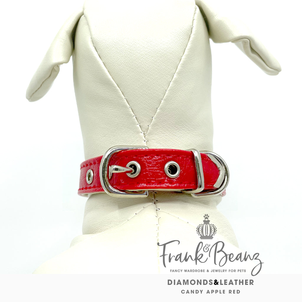 Diamond Hearts Cherry Red Faux Leather Dog Collar for Small Medium Dogs