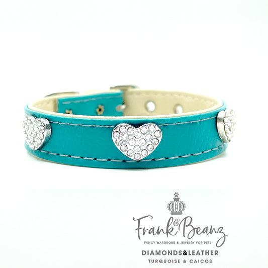 Diamond Hearts Turquoise Faux Leather Dog Collar
