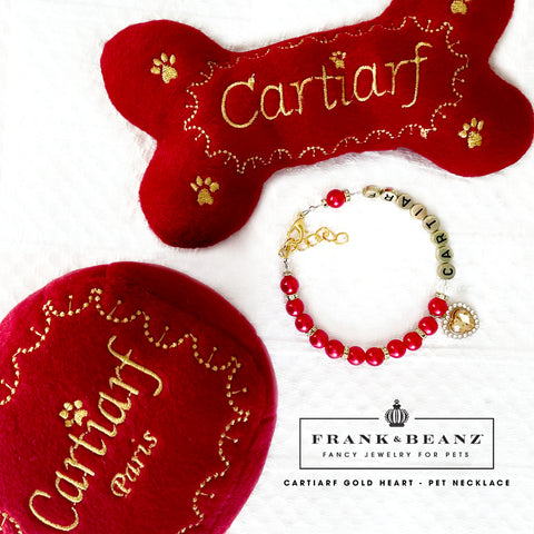 Cartiarf Ruby Red Gold Heart Dog Necklace with FREE Dog Toy Set