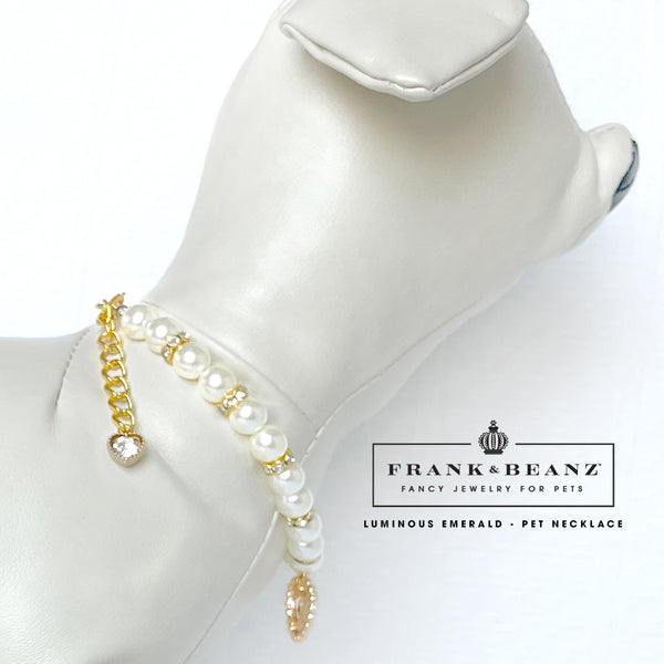 Luminous Emerald Pearl Pet Necklace Rhinestone Heart Luxury Pet Jewelry