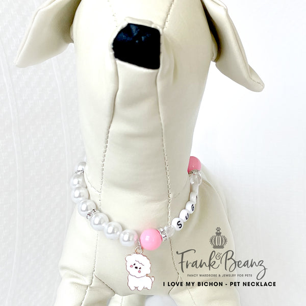 I Love My Bichon Dog Necklace Pearl Dog Collar Jingle Bell Charm