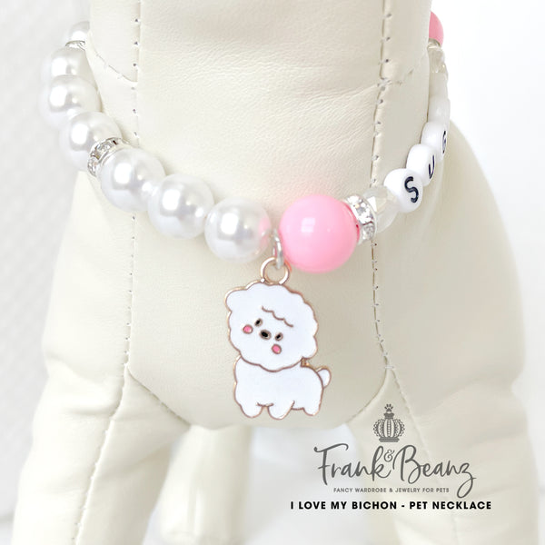 I Love My Bichon Dog Necklace Pearl Dog Collar Jingle Bell Charm